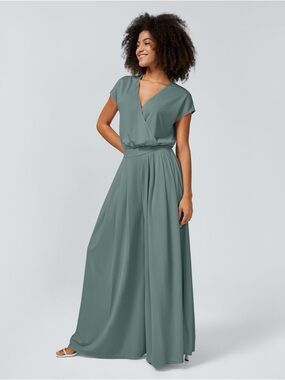 HALARA V Neck Short Sleeve Side Pocket Wide Leg Flowy Waffle Casual Jumpsuit Lg.